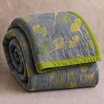 Green‑Gray Ginkgo Leaf Cotton Blanket - Light Gray - 92" x 104" - image 5