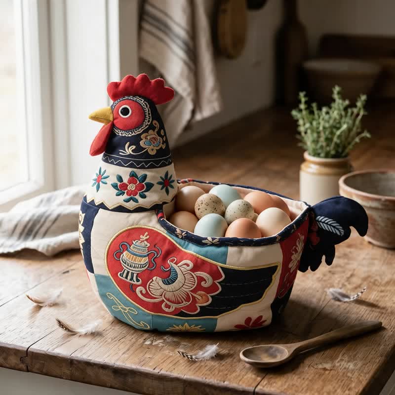Folk Patchwork Chicken Storage Basket - Rooster Storage Basket - image 0