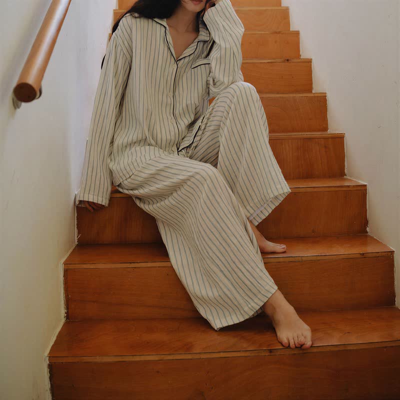 Relaxed Pinstripe Cotton Gauze Sleep Set - image 5