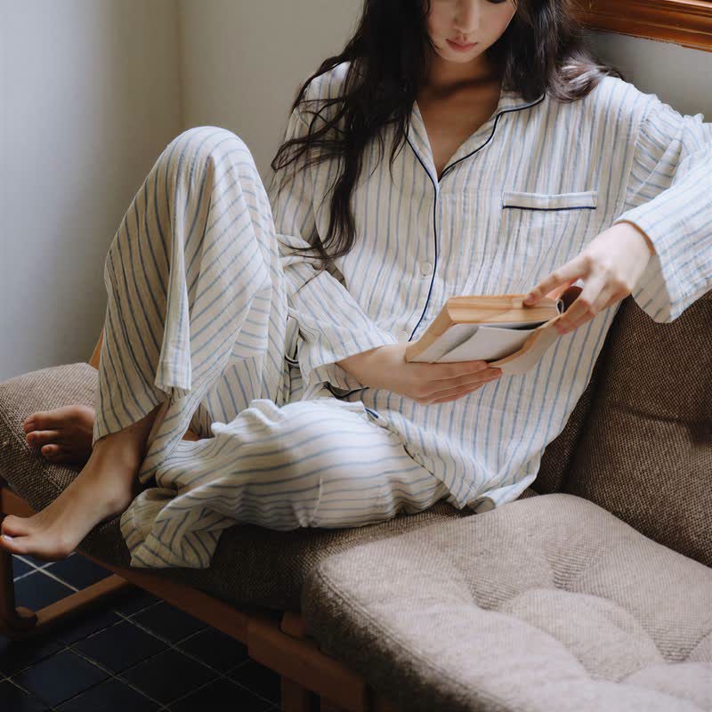 Relaxed Pinstripe Cotton Gauze Sleep Set - image 4