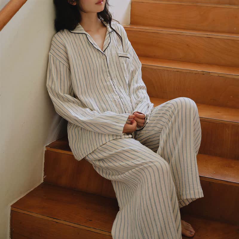 Relaxed Pinstripe Cotton Gauze Sleep Set - Blue - XL - image 0