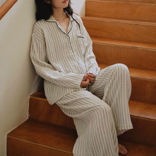 Relaxed Pinstripe Cotton Gauze Sleep Set - Blue - XL - image 0