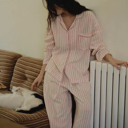 Relaxed Pinstripe Cotton Gauze Sleep Set - Pink - XL - image 6