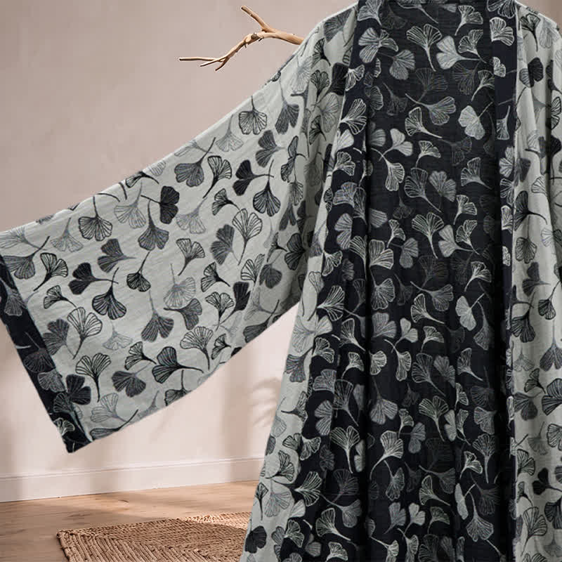 Black White Ginkgo Leaf Cotton Kimono Robe - image 8