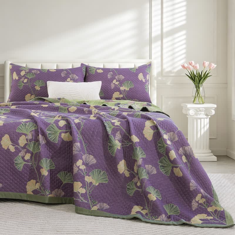Artistic Ginkgo Leaf Cotton Gauze Quilt - Purple - Quilt with 2PCS Pillowcases - Oversized  King - image 0