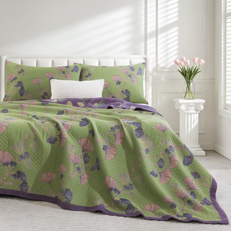 Artistic Ginkgo Leaf Cotton Gauze Quilt - Green - Quilt with 2PCS Pillowcases - Oversized  King - image 11