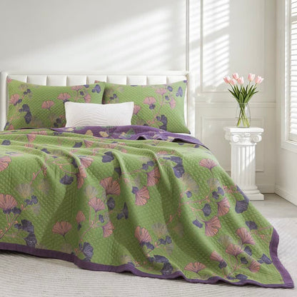 Artistic Ginkgo Leaf Cotton Gauze Quilt - Green - Quilt with 2PCS Pillowcases - Oversized  King - image 11