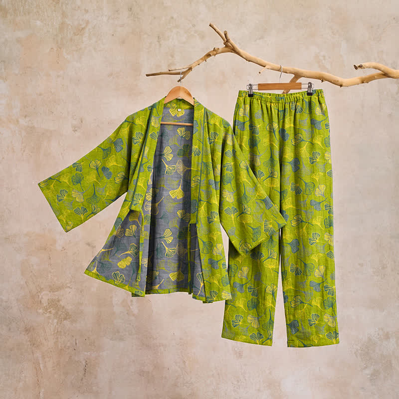 Ginkgo Leaf Cotton Kimono Lounge Pajama Set - Light Gray - XL - image 6