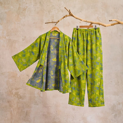 Ginkgo Leaf Cotton Kimono Lounge Pajama Set - Light Gray - XL - image 6