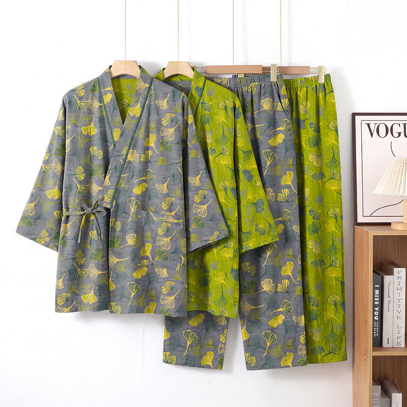 Ginkgo Leaf Cotton Kimono Lounge Pajama Set - image 6