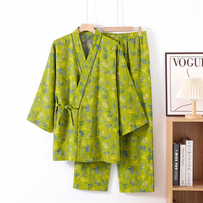Ginkgo Leaf Cotton Kimono Lounge Pajama Set - Green - XL - image 1