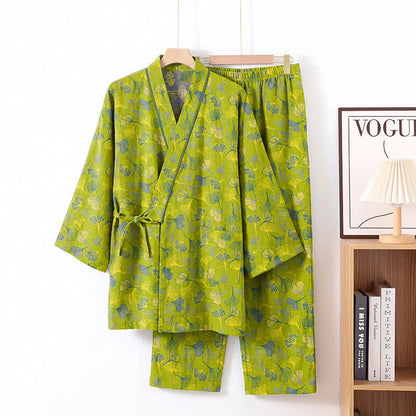 Ginkgo Leaf Cotton Kimono Lounge Pajama Set - Green - XL - image 1
