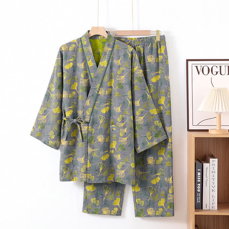 Ginkgo Leaf Cotton Kimono Lounge Pajama Set - Light Gray - XL - image 7
