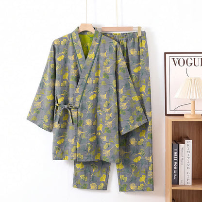 Ginkgo Leaf Cotton Kimono Lounge Pajama Set - Light Gray - XL - image 7