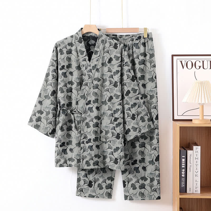 Ginkgo Leaf Cotton Long‑Sleeve Loungewear Set - White - XL - image 6
