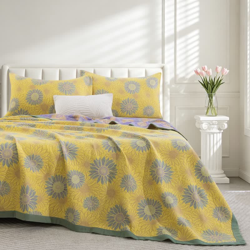 Retro Sunflower Cotton Gauze Blanket - Yellow - 98" x 94" - Blanket - image 0