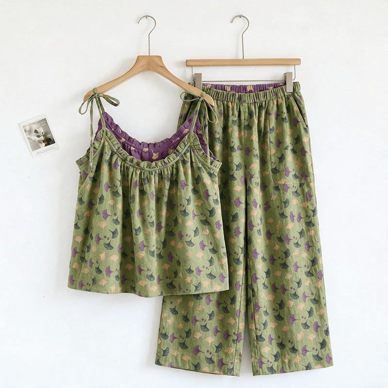 Ginkgo Biloba Leaf Cami Pajama Set - Green & Purple - XL - image 10