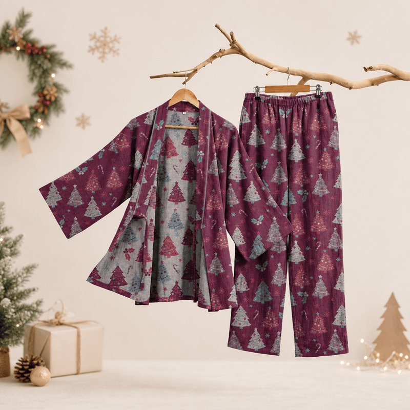 Christmas Tree Cotton Kimono Loungewear Set - Purple - XL - image 15