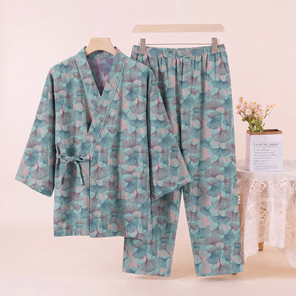 Retro Ginkgo Leaf Cotton Kimono Pajama Set - image 2
