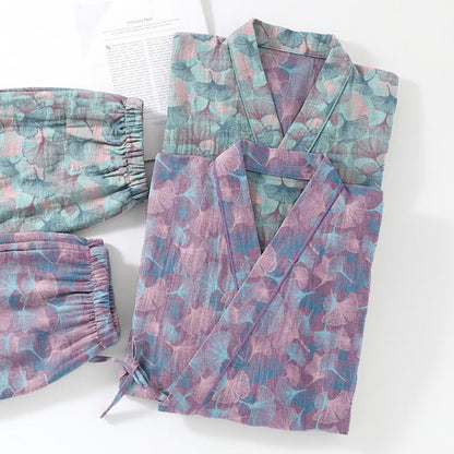 Retro Ginkgo Leaf Cotton Kimono Pajama Set - image 11
