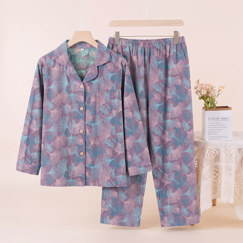 Ginkgo Leaf Cotton Notched‑Collar Loungewear Set - Purple - XL - image 6
