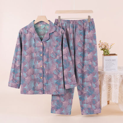 Ginkgo Leaf Cotton Notched‑Collar Loungewear Set - Purple - XL - image 6