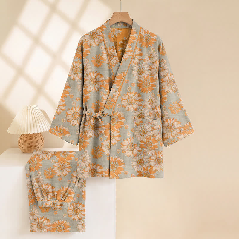 Retro Sunflower Cotton Kimono Pajama Set - image 10