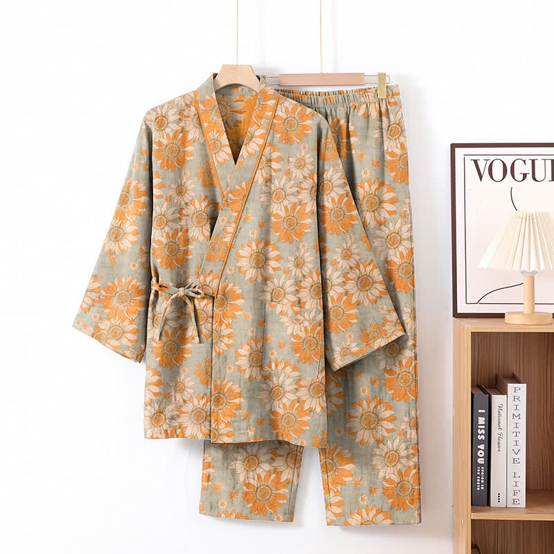 Retro Sunflower Cotton Kimono Pajama Set - Light Gray - XL - image 7