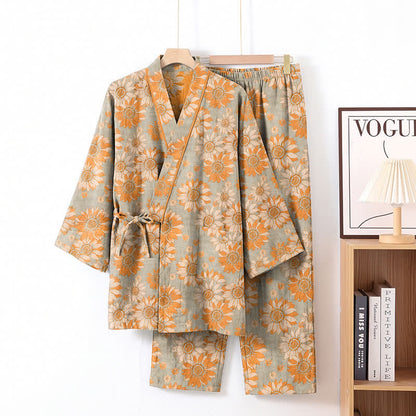 Retro Sunflower Cotton Kimono Pajama Set - Light Gray - XL - image 7