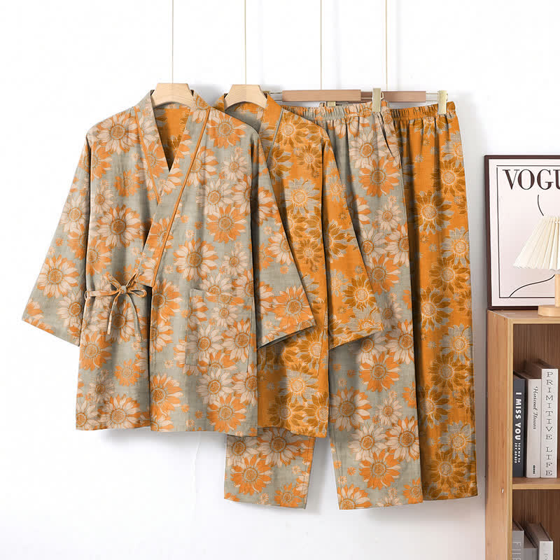 Retro Sunflower Cotton Kimono Pajama Set - image 8