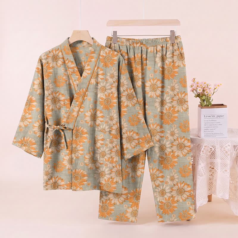 Retro Sunflower Cotton Kimono Pajama Set - image 9
