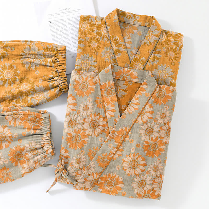 Retro Sunflower Cotton Kimono Pajama Set - image 12