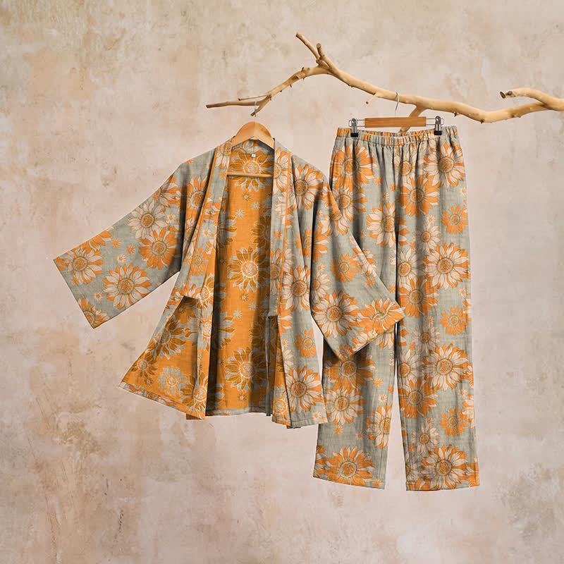 Retro Sunflower Cotton Kimono Pajama Set - image 11