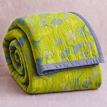 Green‑Gray Ginkgo Leaf Cotton Blanket - Green - 92" x 104" - image 0