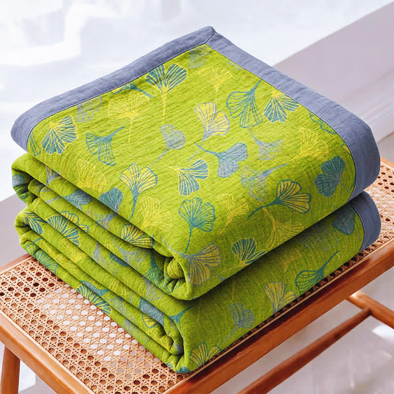 Green‑Gray Ginkgo Leaf Cotton Blanket - image 1