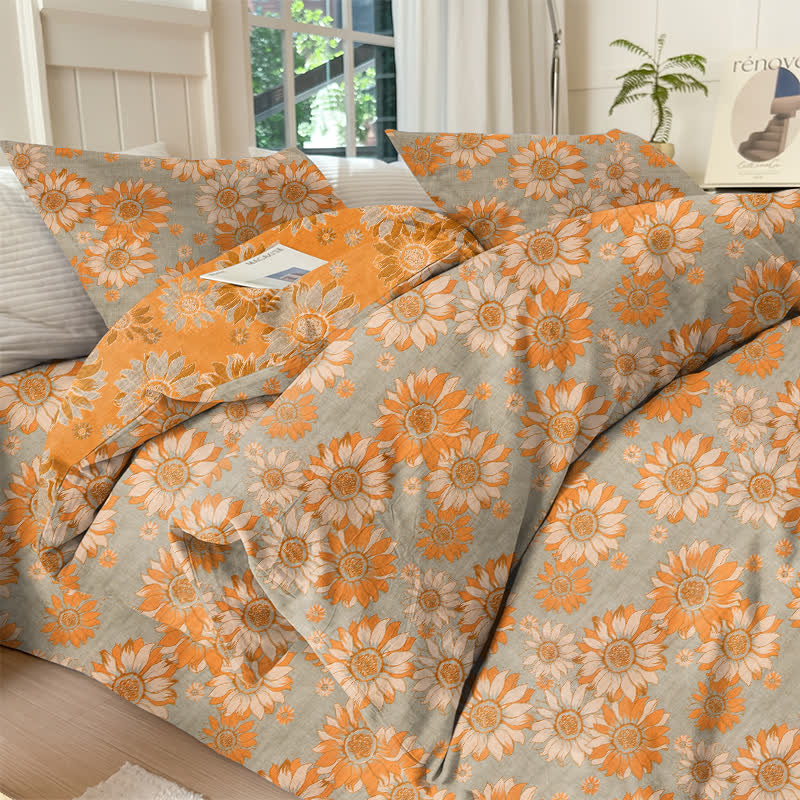 Vintage Sunflower Orange Cotton Bedding Set - Light Gray - King - 4PCS Bedding Set - image 16