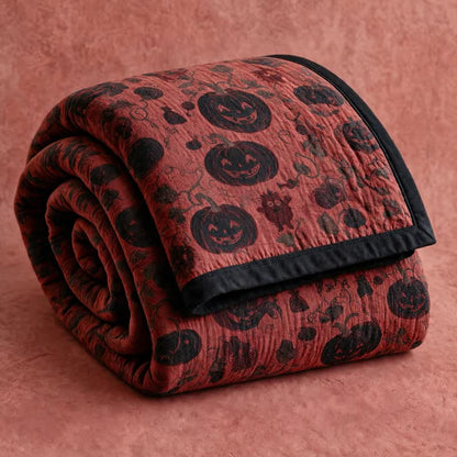 Burgundy Pumpkin Halloween Reversible Cotton Blanket - Red - Blanket - 92" x 104" - image 0