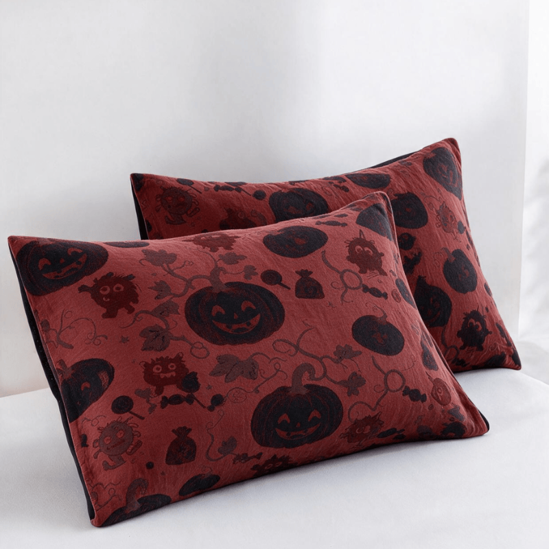 Burgundy Pumpkin Halloween Reversible Cotton Blanket - Red - 2PCS Pillowcases - 20" x 36" - image 6