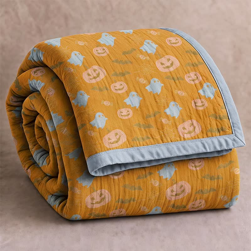 Reversible Halloween Pumpkin Ghost Cotton Blanket - Orange & Yellow - Blanket - 92" x 104" - image 0