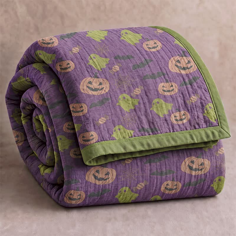 Reversible Halloween Pumpkin Ghost Cotton Blanket - Deep Purple - Blanket - 92" x 104" - image 6