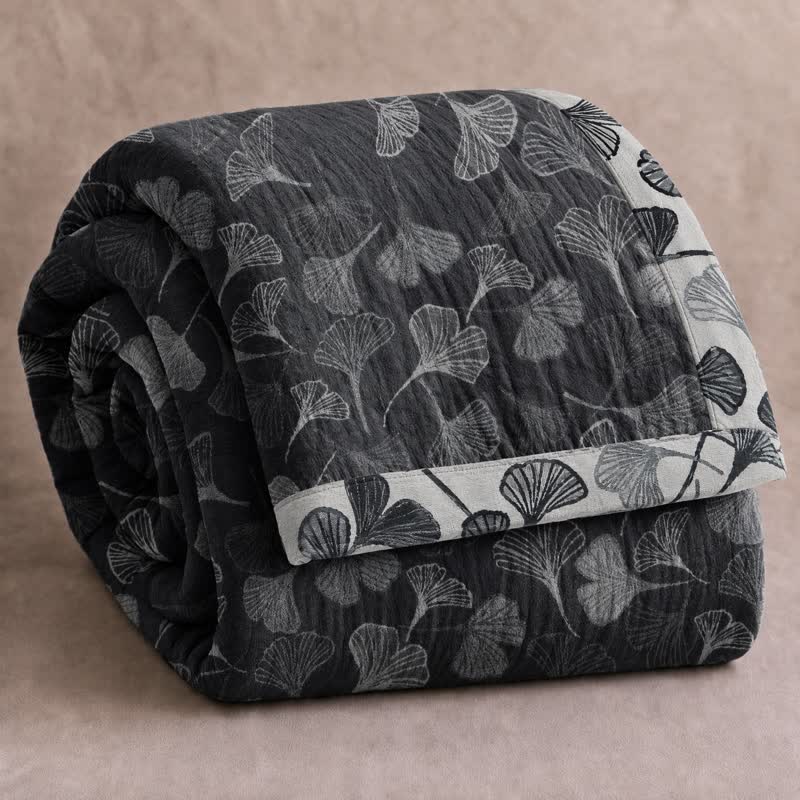 Grey‑Black Ginkgo Leaf Cotton Blanket - Black - 92" x 104" - image 6
