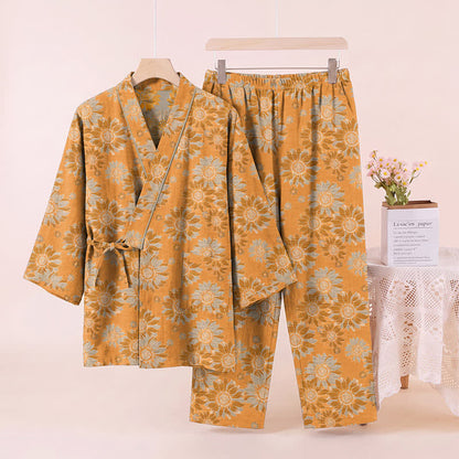 Retro Sunflower Cotton Kimono Pajama Set - image 2
