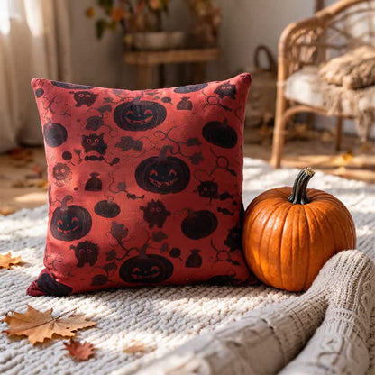 Multi‑Color Halloween Pumpkin & Monster Cotton Pillow - Red - 18" x 18" - With Insert - image 0