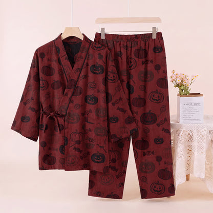 Halloween Pumpkin Candy Cotton Kimono Pajama Set - Red - XL - image 2