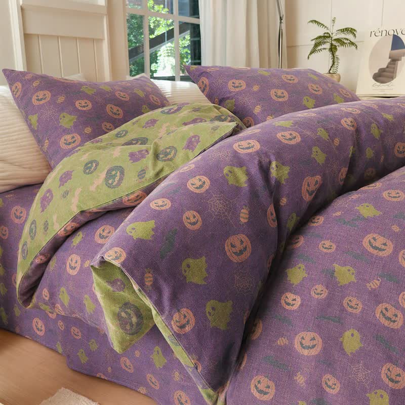 Multi‑Color Pumpkin Ghost Cotton 4-Piece Duvet Bedding Set - Deep Purple - Bedding Set(4PCS) - King - image 0