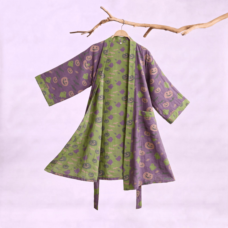Multi‑Color Pumpkin Halloween Cotton Kimono Robe - Deep Purple - XXL - image 5