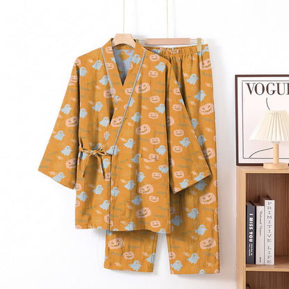 Halloween Ghost Pumpkin Cotton Kimono Pajama Set - Orange & Yellow - XL - image 0