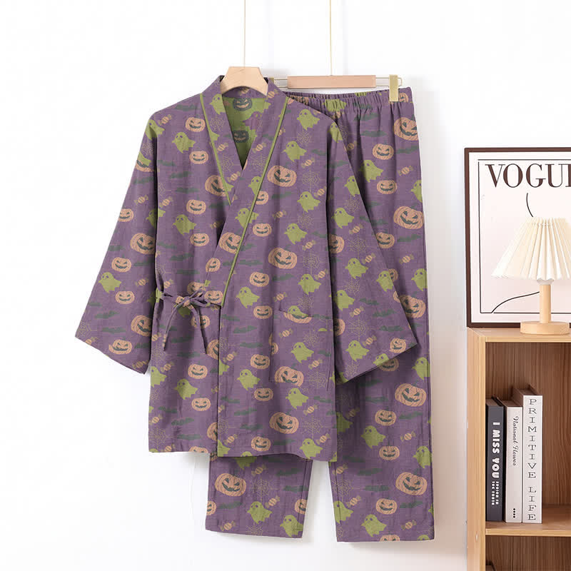 Halloween Ghost Pumpkin Cotton Kimono Pajama Set - Deep Purple - XL - image 6