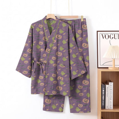 Halloween Ghost Pumpkin Cotton Kimono Pajama Set - Deep Purple - XL - image 6