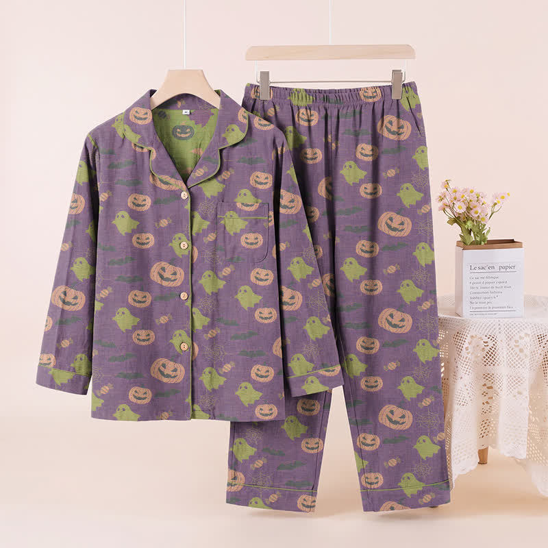 Cute Ghost Pumpkin Cotton Loungewear Set - Deep Purple - XL - image 7